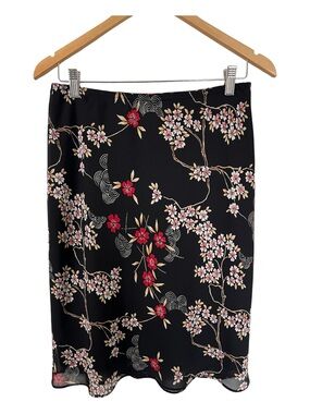 Vintage Y2K Chapter Black Midi Skirt with Pink & Red Floral Print